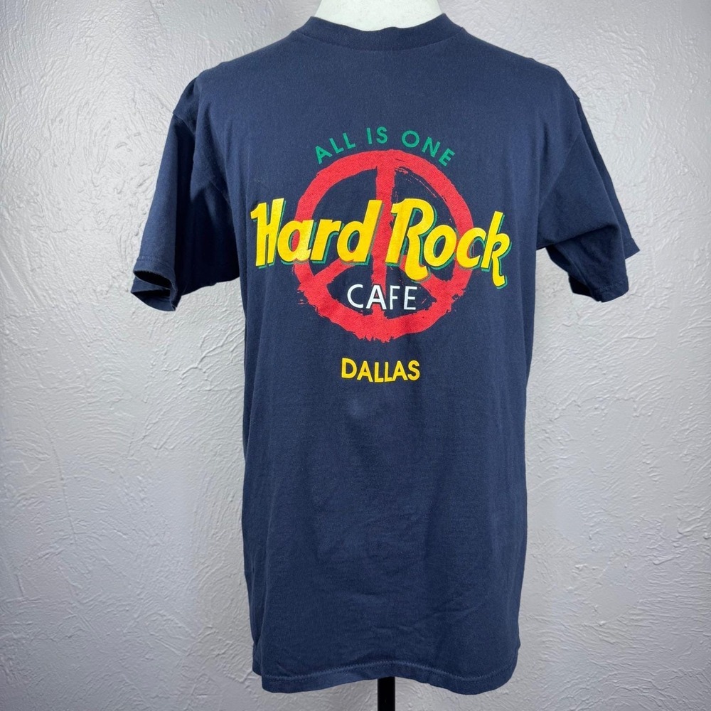 Vintage 90's Large Hard Rock Cafe Dallas Peace Sign Navy Blue Cotton Music Merch